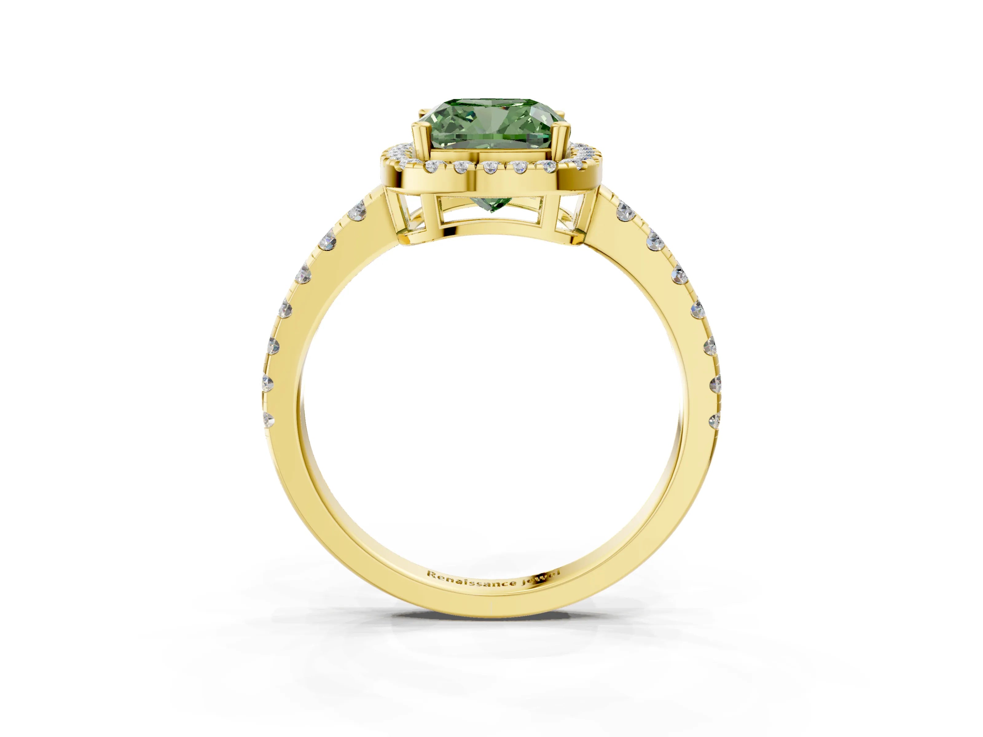 Yellow gold Fancy Green Cushion Cut Diamond Halo Ring with Pavé Band and Four-Prong Setting_3