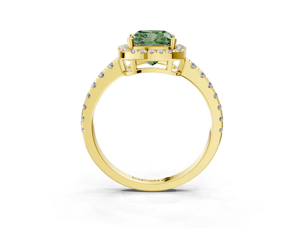 Yellow gold Fancy Green Cushion Cut Diamond Halo Ring with Pavé Band and Four-Prong Setting