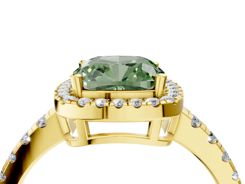 Yellow gold Fancy Green Cushion Cut Diamond Halo Ring with Pavé Band and Four-Prong Setting_4
