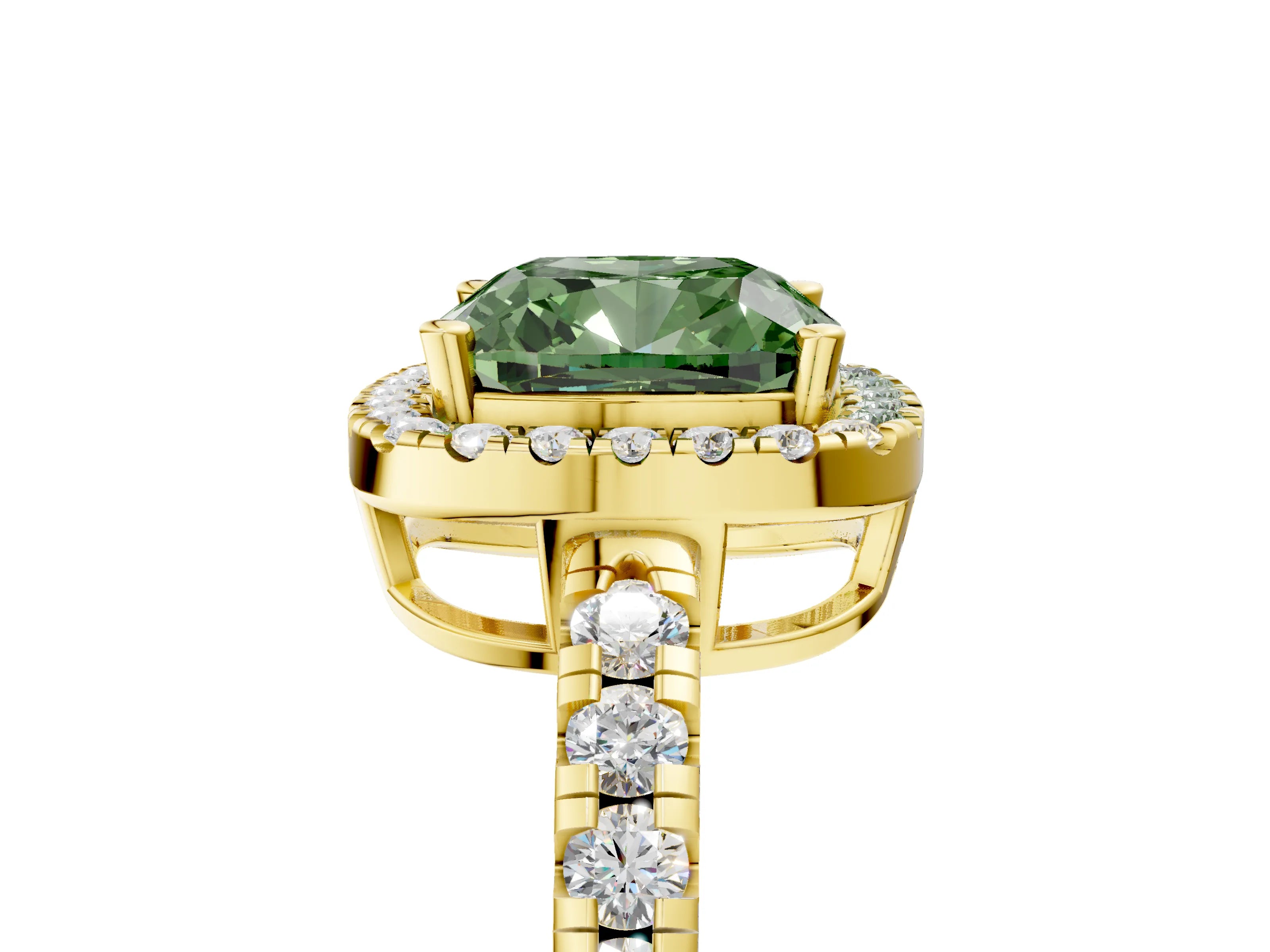 Yellow gold Fancy Green Cushion Cut Diamond Halo Ring with Pavé Band and Four-Prong Setting_5