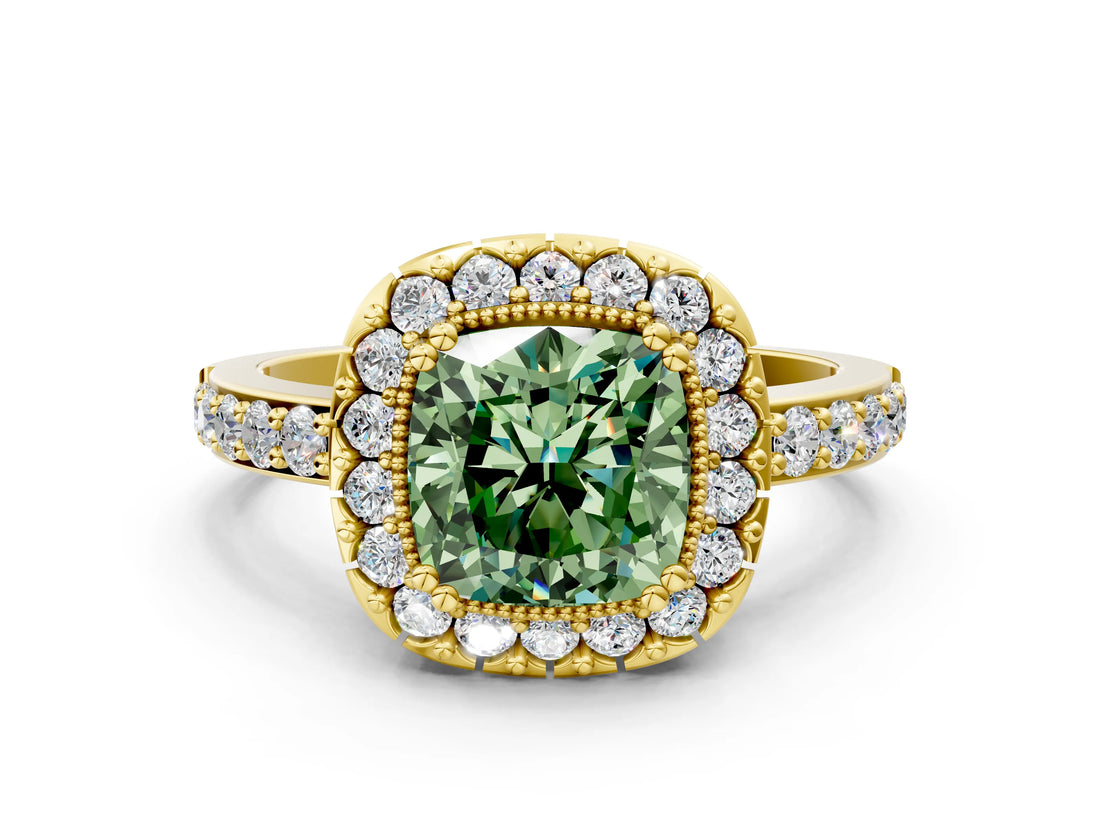 Yellow gold Fancy Green Cushion Cut Diamond Halo Ring with Pavé Band and Prong Setting