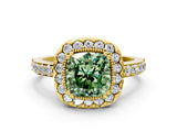 Yellow gold Fancy Green Cushion Cut Diamond Halo Ring with Pavé Band and Prong Setting