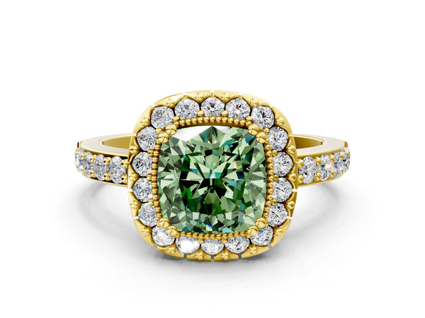 Yellow gold Fancy Green Cushion Cut Diamond Halo Ring with Pavé Band and Prong Setting