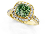 Yellow gold Fancy Green Cushion Cut Diamond Halo Ring with Pavé Band and Prong Setting_1