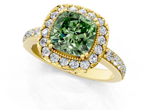 Yellow gold Fancy Green Cushion Cut Diamond Halo Ring with Pavé Band and Prong Setting_1