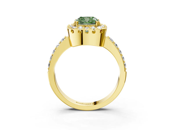 Yellow gold Fancy Green Cushion Cut Diamond Halo Ring with Pavé Band and Prong Setting