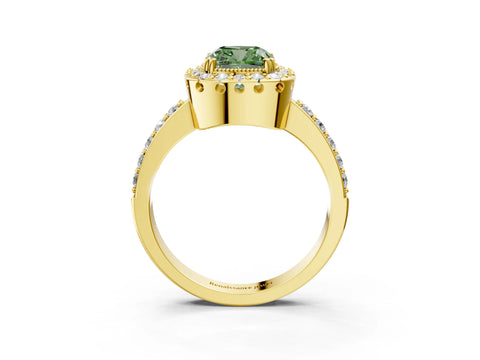 Yellow gold Fancy Green Cushion Cut Diamond Halo Ring with Pavé Band and Prong Setting_3