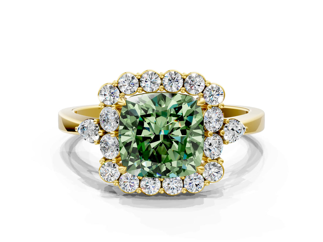 Yellow gold Fancy Green Cushion Cut Diamond Halo Ring with Pear Side Stones and Prong Setting_63