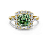 Yellow gold Fancy Green Cushion Cut Diamond Halo Ring with Pear Side Stones and Prong Setting_63