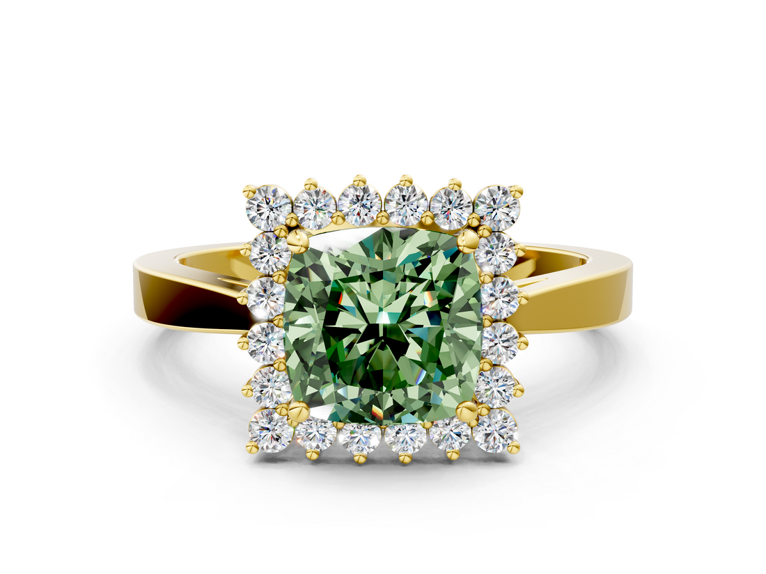 Yellow gold Fancy Green Cushion  Cut Diamond Halo Ring with Round Brilliant Halo and Solitaire Band_87