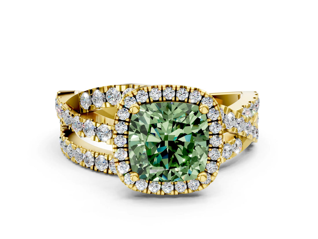 Yellow gold Fancy Green Cushion Cut Diamond Halo Ring with Round Split Shank and Prong Setting_36