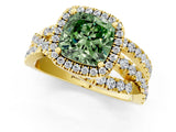 Yellow gold Fancy Green Cushion Cut Diamond Halo Ring with Round Split Shank and Prong Setting_37
