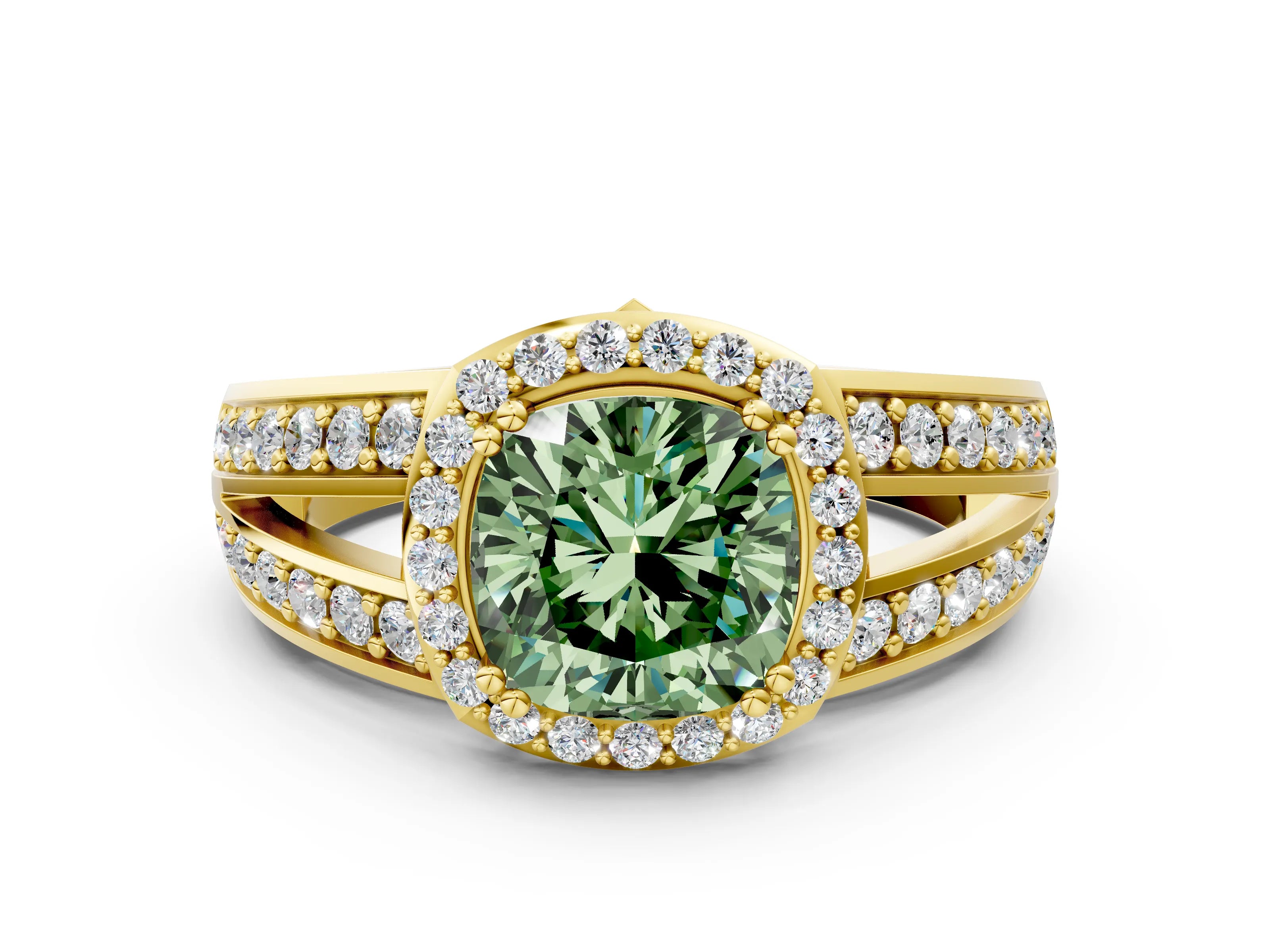 Yellow gold Fancy Green Cushion Cut Diamond Halo Ring with Split Shank Pavé Band and Four-Prong Setting