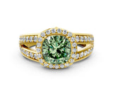 Yellow gold Fancy Green Cushion Cut Diamond Halo Ring with Split Shank Pavé Band and Four-Prong Setting