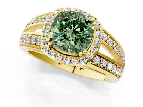 Yellow gold Fancy Green Cushion Cut Diamond Halo Ring with Split Shank Pavé Band and Four-Prong Setting_1