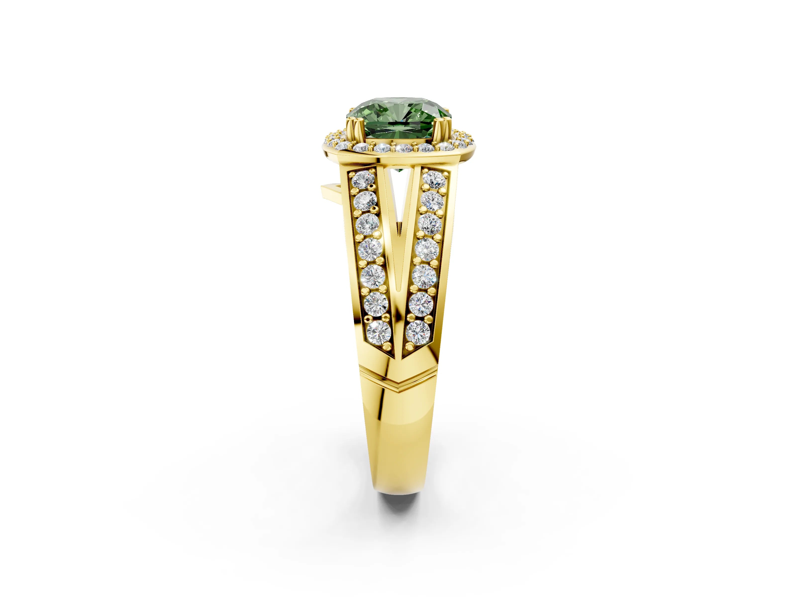 Yellow gold Fancy Green Cushion Cut Diamond Halo Ring with Split Shank Pavé Band and Four-Prong Setting_2