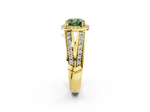 Yellow gold Fancy Green Cushion Cut Diamond Halo Ring with Split Shank Pavé Band and Four-Prong Setting_2