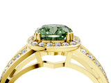 Yellow gold Fancy Green Cushion Cut Diamond Halo Ring with Split Shank Pavé Band and Four-Prong Setting_4