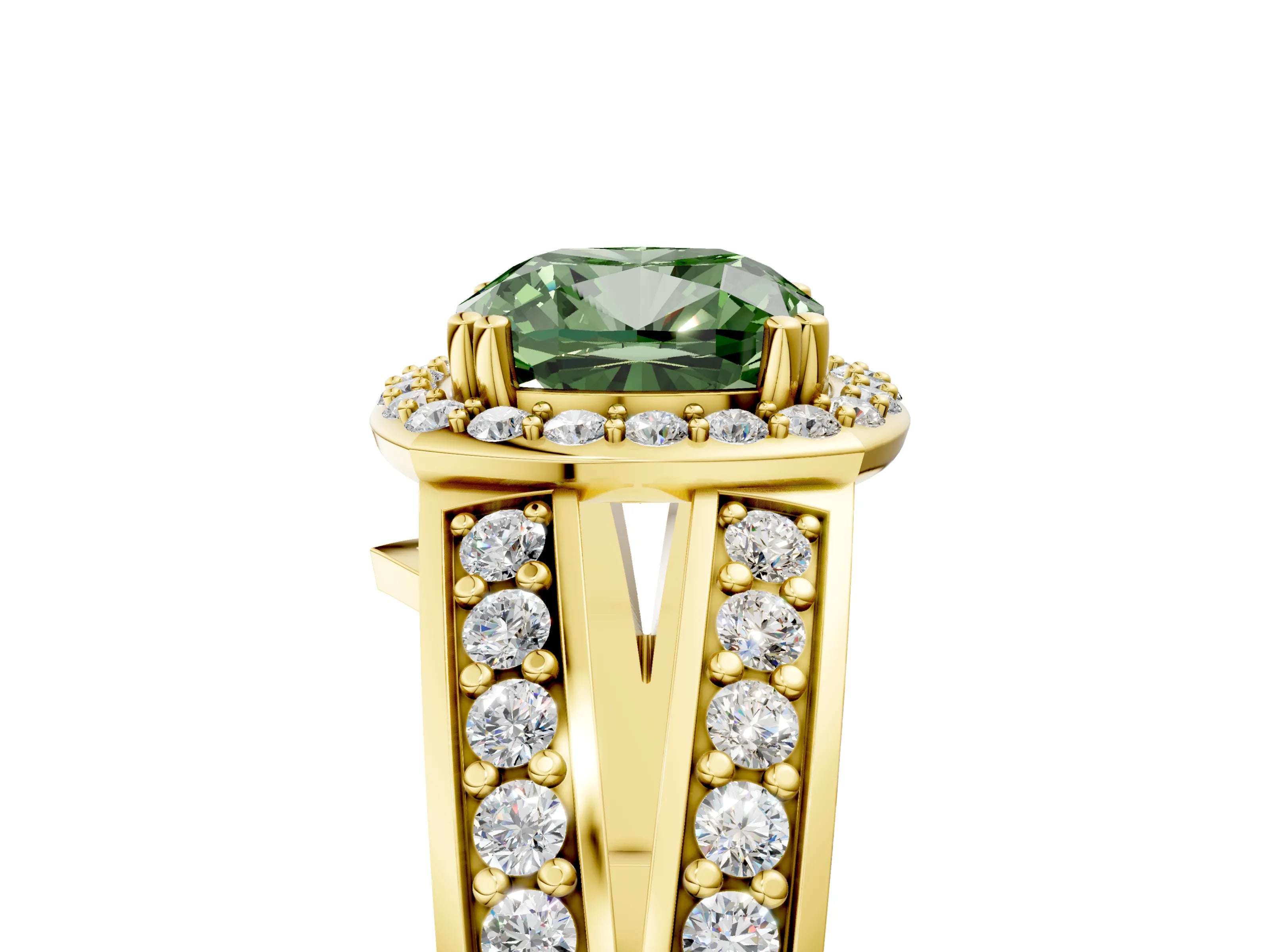 Yellow gold Fancy Green Cushion Cut Diamond Halo Ring with Split Shank Pavé Band and Four-Prong Setting_5