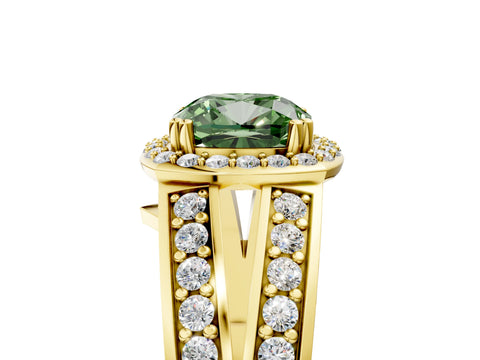 Yellow gold Fancy Green Cushion Cut Diamond Halo Ring with Split Shank Pavé Band and Four-Prong Setting_5