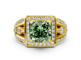 Yellow gold Fancy Green Cushion Cut Diamond Halo Ring with Split Shank and Bezel Accents and Four-Prong Setting