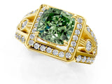 Yellow gold Fancy Green Cushion Cut Diamond Halo Ring with Split Shank and Bezel Accents and Four-Prong Setting_1