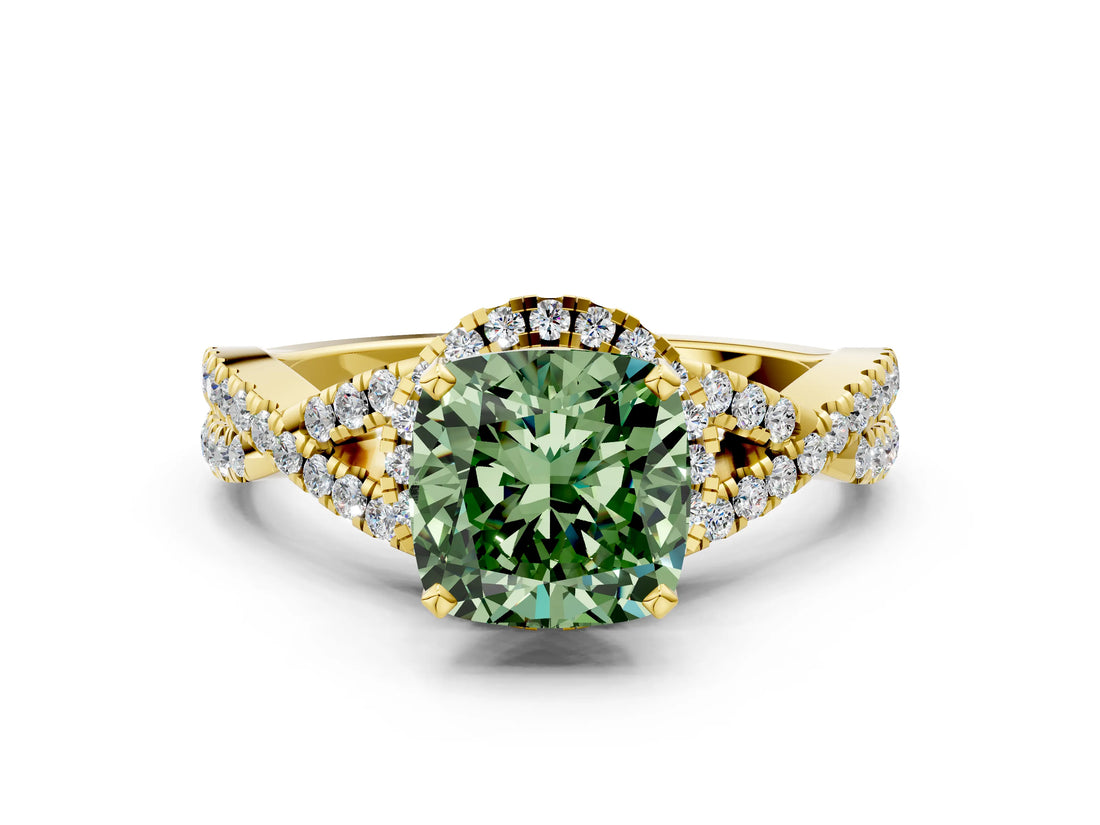 Yellow gold Fancy Green Cushion Cut Diamond  Halo Twist Band Solitaire Prong Setting Ring_42