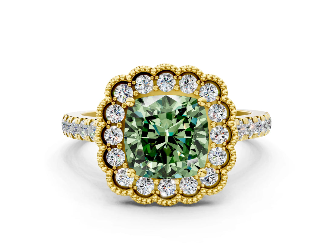 Yellow gold Fancy Green Cushion  Cut Diamond Milgrain Floral Halo Engagement Ring with Pavé Band_15