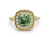 Yellow gold Fancy Green Cushion  Cut Diamond Milgrain Floral Halo Engagement Ring with Pavé Band_15