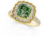 Yellow gold Fancy Green Cushion  Cut Diamond Milgrain Floral Halo Engagement Ring with Pavé Band_16