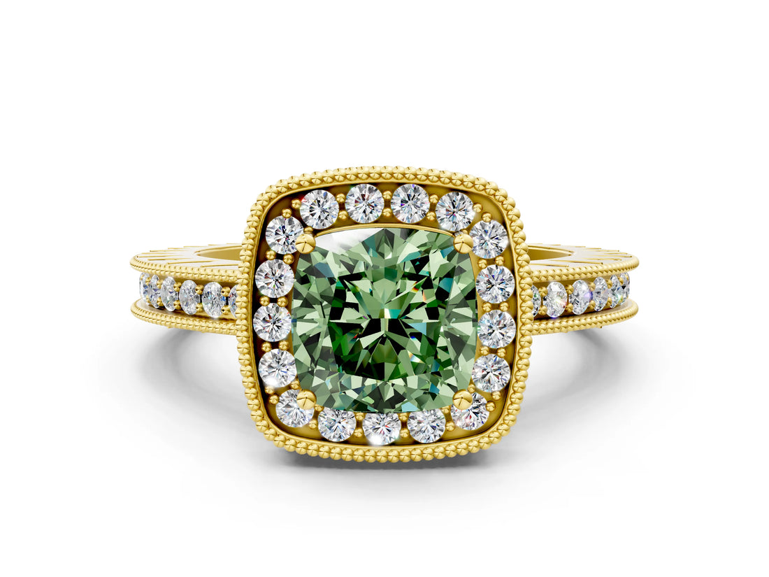 Yellow gold Fancy Green Cushion Cut Diamond Milgrain Halo Engagement Ring with Round Pavé Band and Prong Setting_12