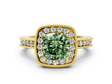 Yellow gold Fancy Green Cushion Cut Diamond Milgrain Halo Engagement Ring with Round Pavé Band and Prong Setting_12