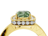 Yellow gold Fancy Green Cushion Cut Diamond Milgrain Halo Engagement Ring with Round Pavé Band and Prong Setting_16