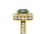 Yellow gold Fancy Green Cushion Cut Diamond Milgrain Halo Engagement Ring with Round Pavé Band and Prong Setting_17