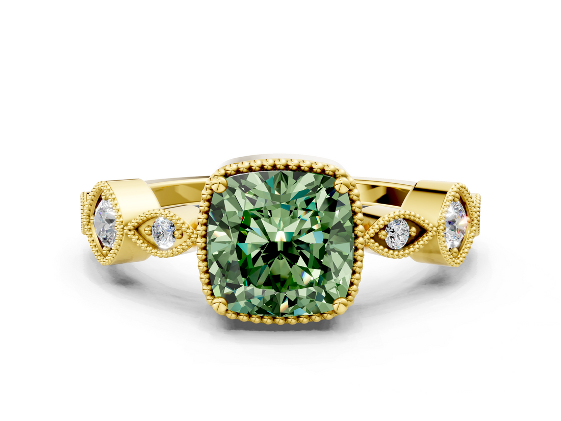 Yellow gold Fancy Green Cushion  Cut Diamond Milgrain Marquise Band with Prong Setting_3