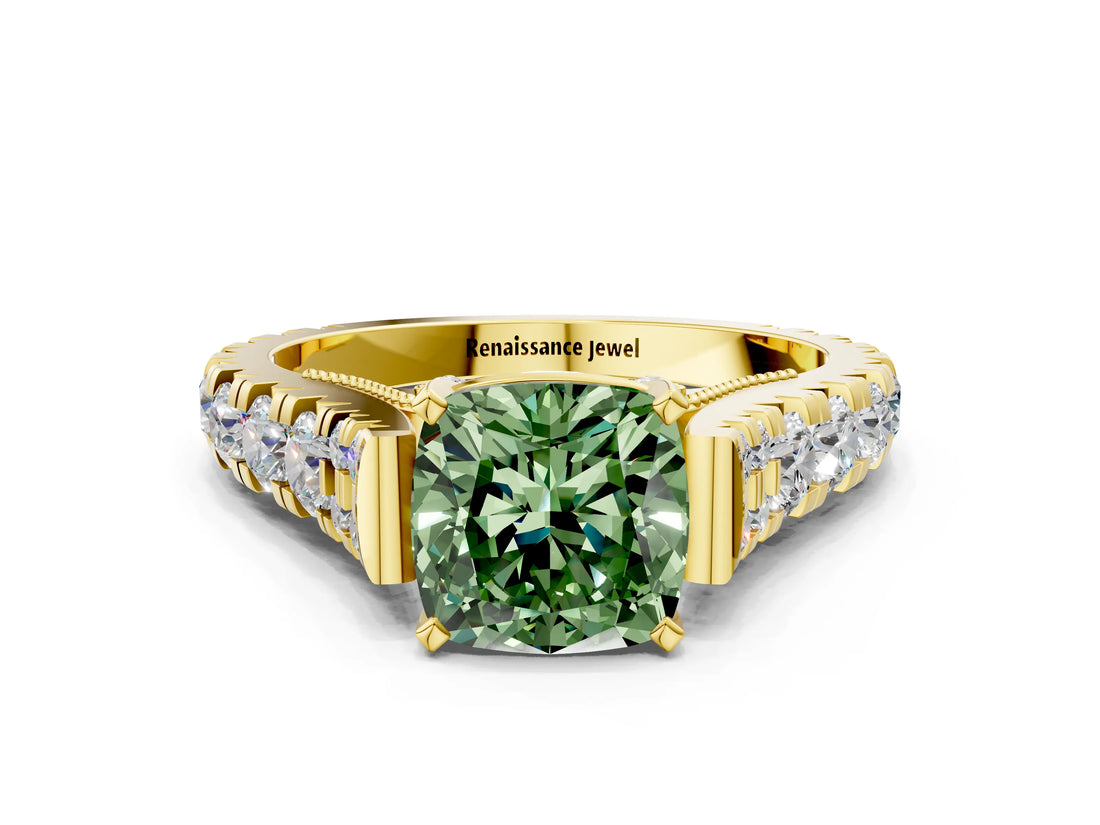 Yellow gold Fancy Green Cushion  Cut Diamond Pavé Band Solitaire with Four-Prong Setting_15