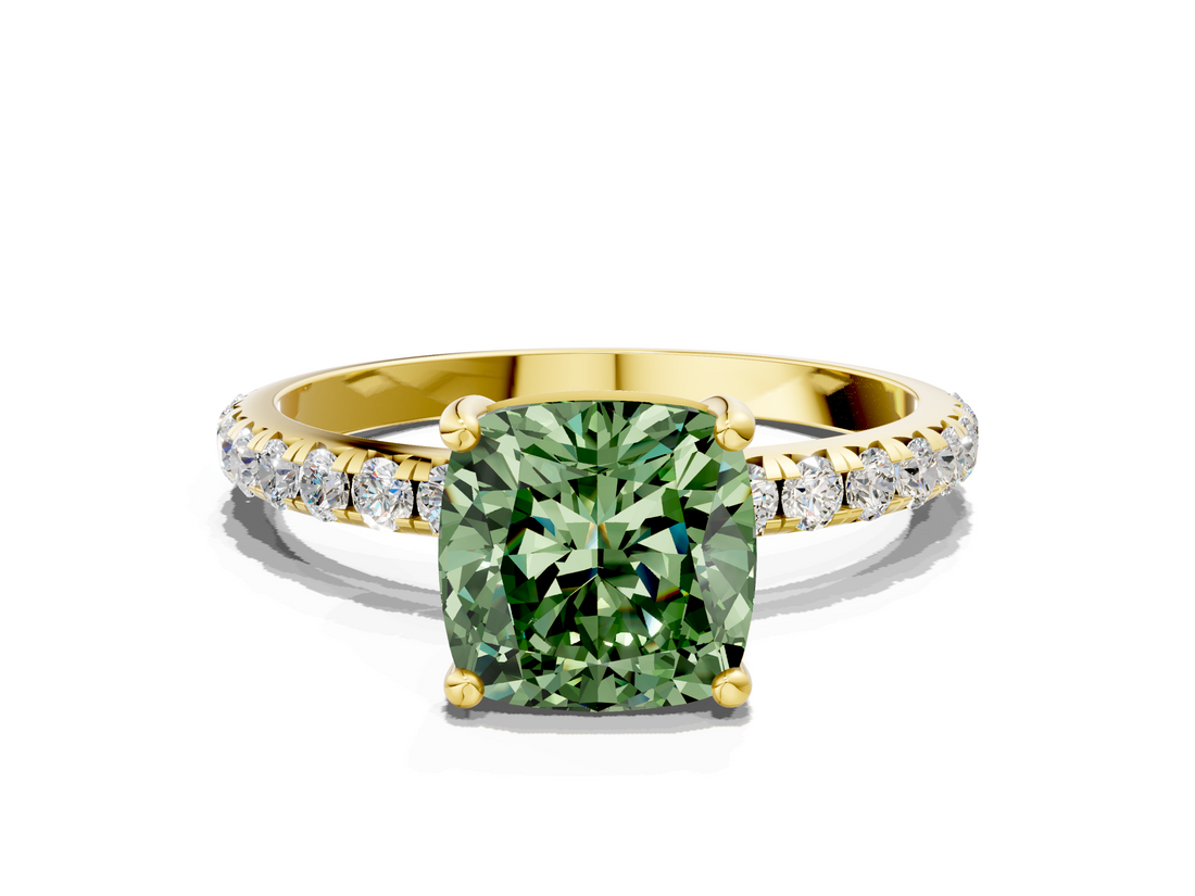 Yellow gold Fancy Green Cushion  Cut Diamond Pavé Band Solitaire with Four-Prong Setting_3