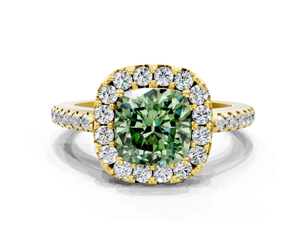 Yellow gold Fancy Green Cushion Cut Diamond Pavé Halo Ring with Four-Prong Setting