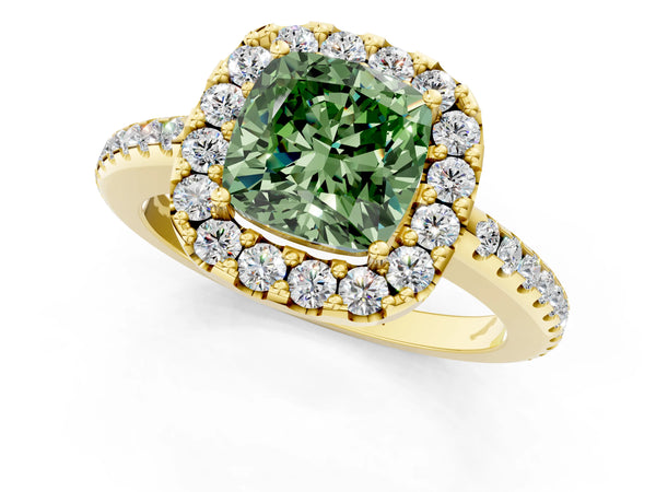 Yellow gold Fancy Green Cushion Cut Diamond Pavé Halo Ring with Four-Prong Setting