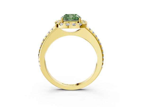 Yellow gold Fancy Green Cushion Cut Diamond Pavé Halo Ring with Four-Prong Setting