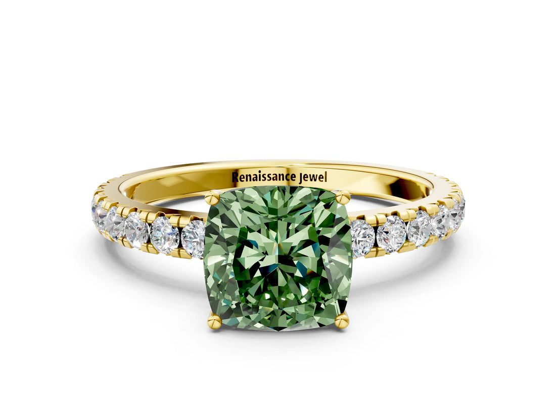 Yellow gold Fancy Green Cushion Cut Diamond Pavé Solitaire Engagement Ring with Four-Prong Setting_71