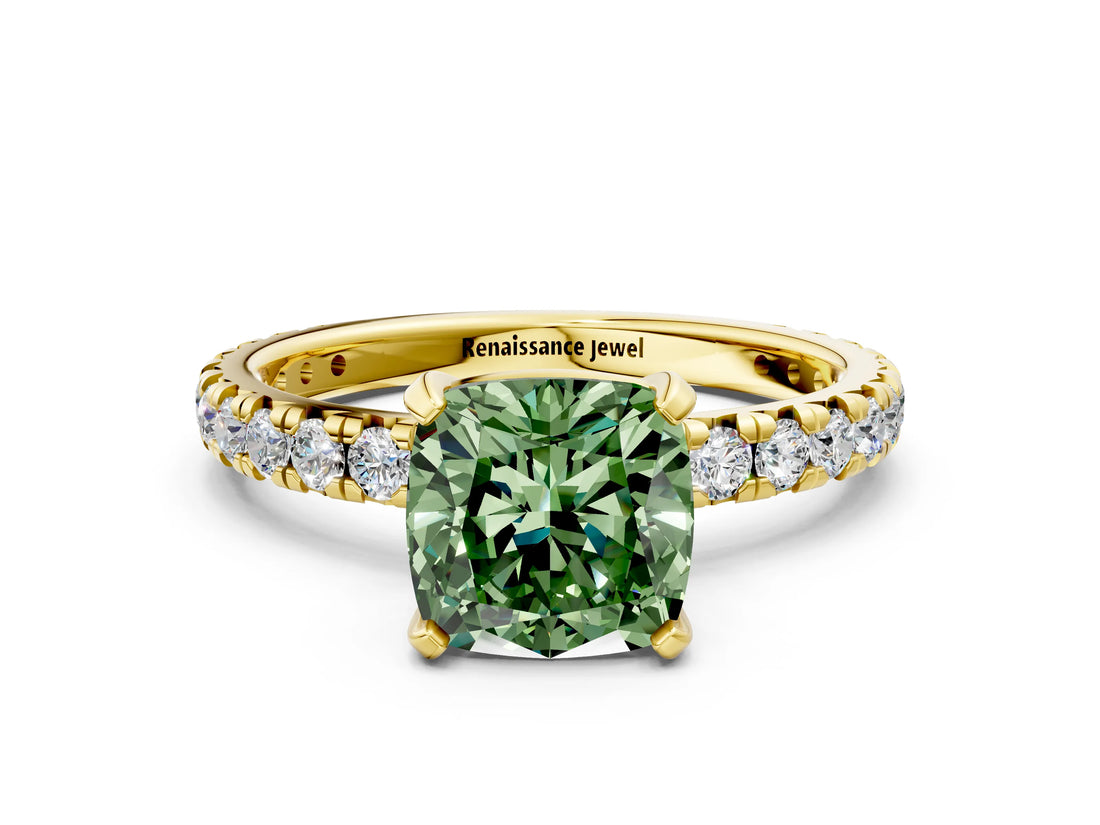 Yellow gold Fancy Green Cushion Cut Diamond Pavé Solitaire Ring with Round Band and Prong Setting_12