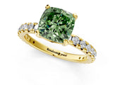 Yellow gold Fancy Green Cushion Cut Diamond Pavé Solitaire Ring with Round Band and Prong Setting_13
