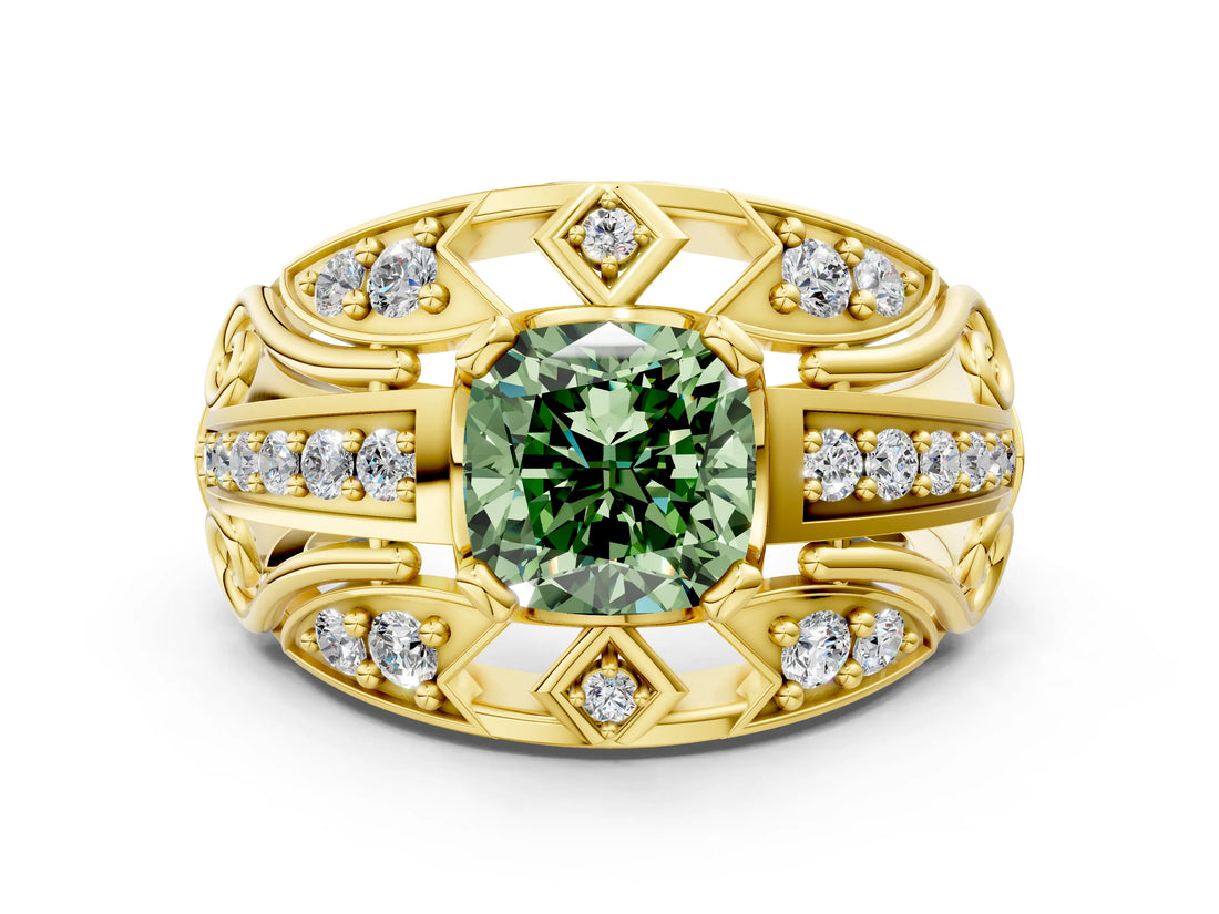 Yellow gold Fancy Green Cushion Cut Diamond Pave Art Deco Split Shank Ring with Four-Prong Setting