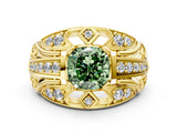 Yellow gold Fancy Green Cushion Cut Diamond Pave Art Deco Split Shank Ring with Four-Prong Setting