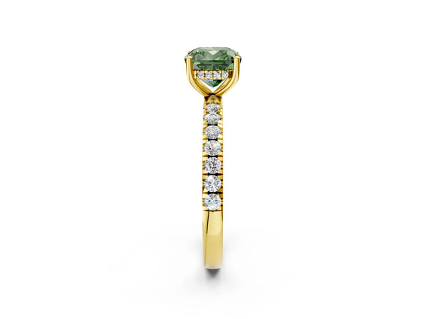 Yellow gold Fancy Green Cushion Cut Diamond Pave Band Solitaire Ring with Round  and Prong Setting