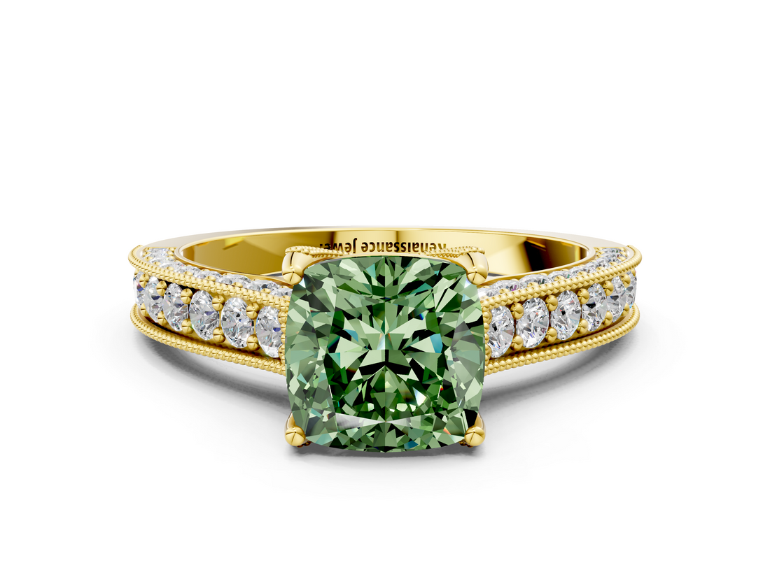 Yellow gold Fancy Green Cushion  Cut Diamond Pave Band with Four-Prong Setting_20