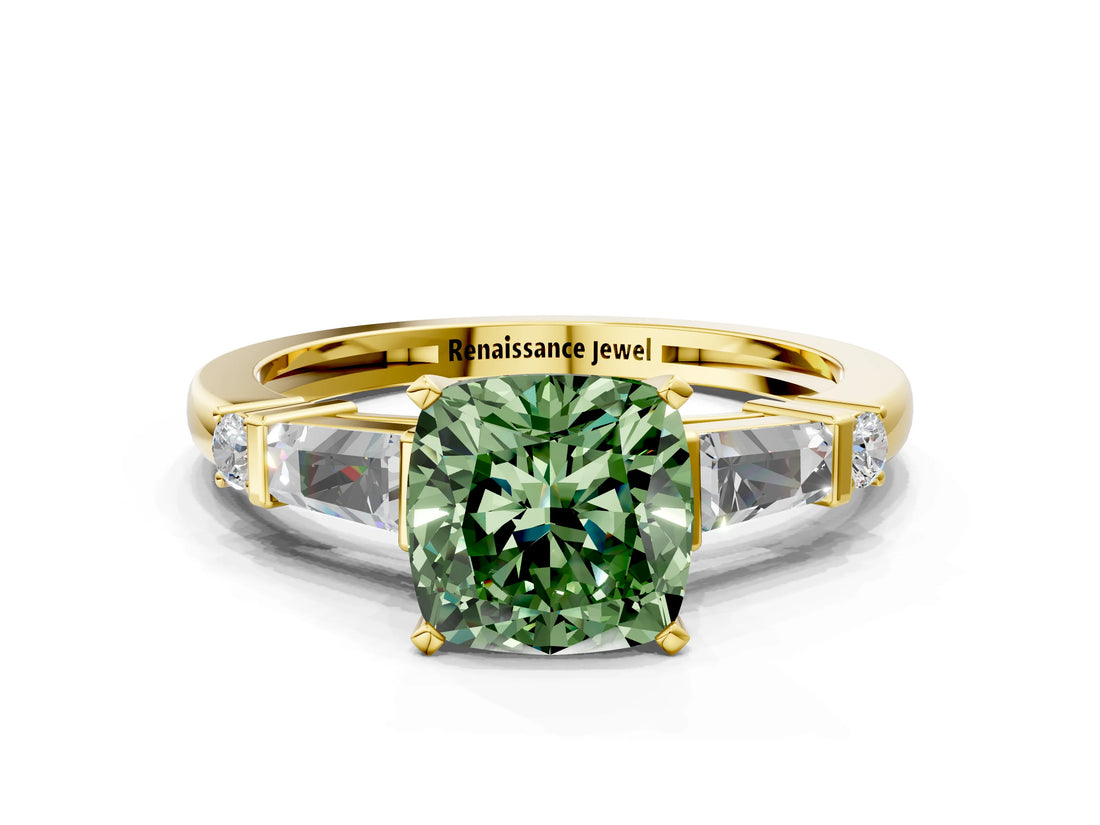 Yellow gold Fancy Green Cushion  Cut Diamond Ring with Baguette Side Stones, Channel Set Band, and Four-Prong Setting_24