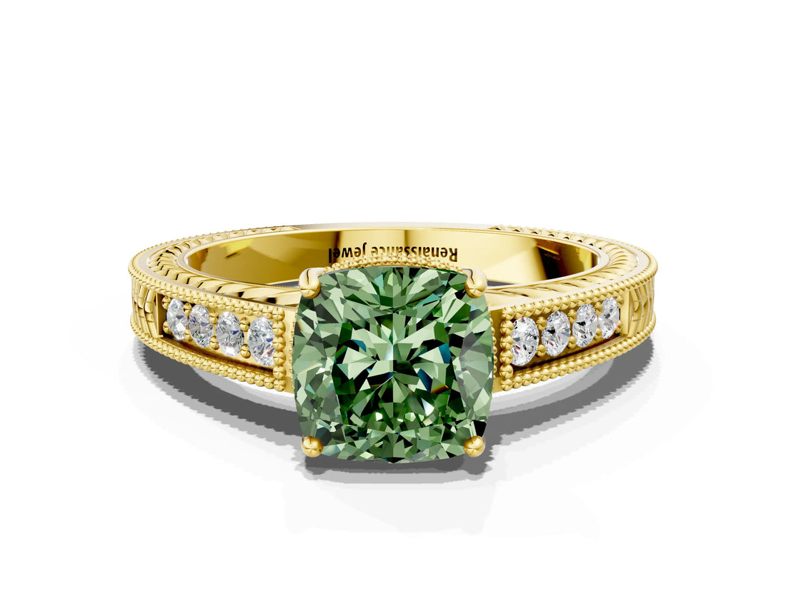 Yellow gold Fancy Green Cushion Cut Diamond Ring with Milgrain Pavé Band and Four-Prong Setting_21