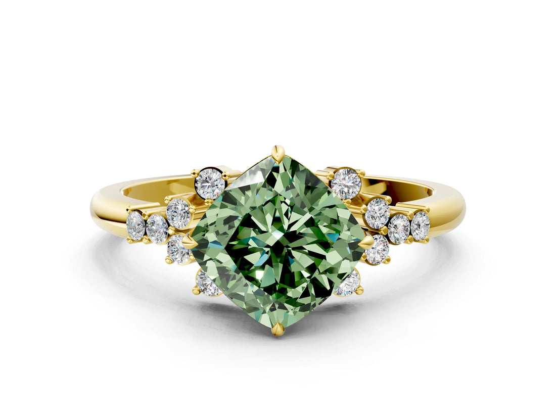 Yellow gold Fancy Green Cushion Cut Diamond Ring with Side Stones and Four-Prong Setting_112